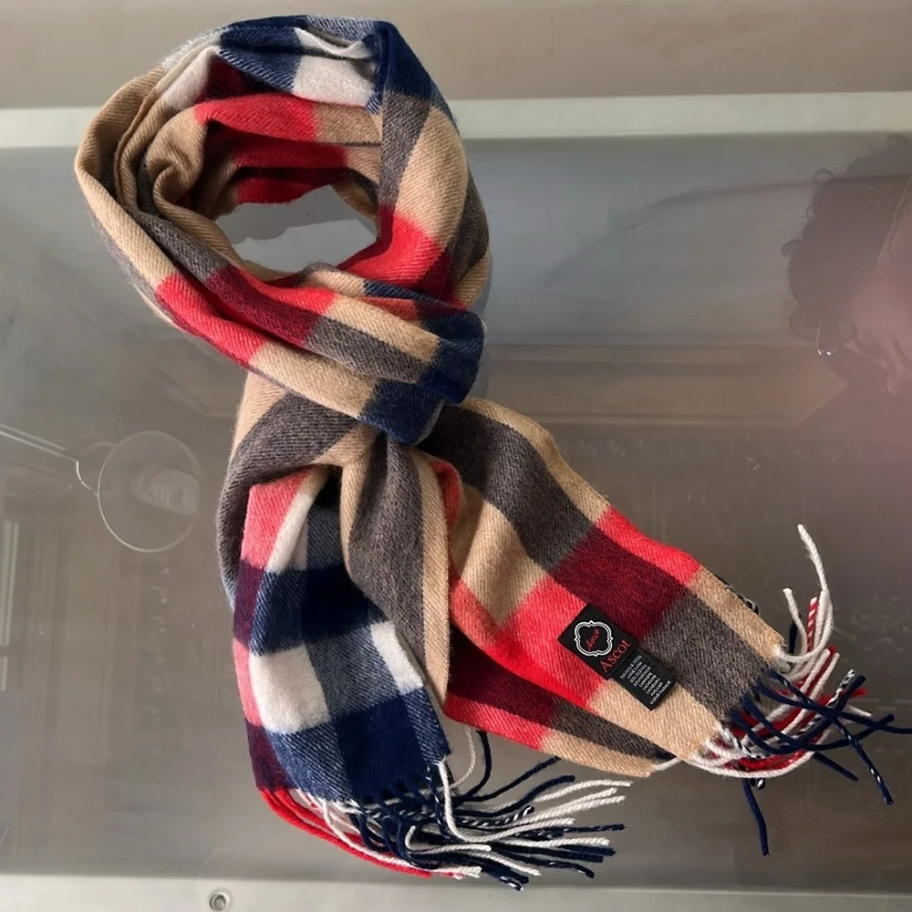 🐑🇩🇪Soft Wool & Cashmere Fringed Men’s or Women’s Tan/Red/Blue/White Plaid Scarf